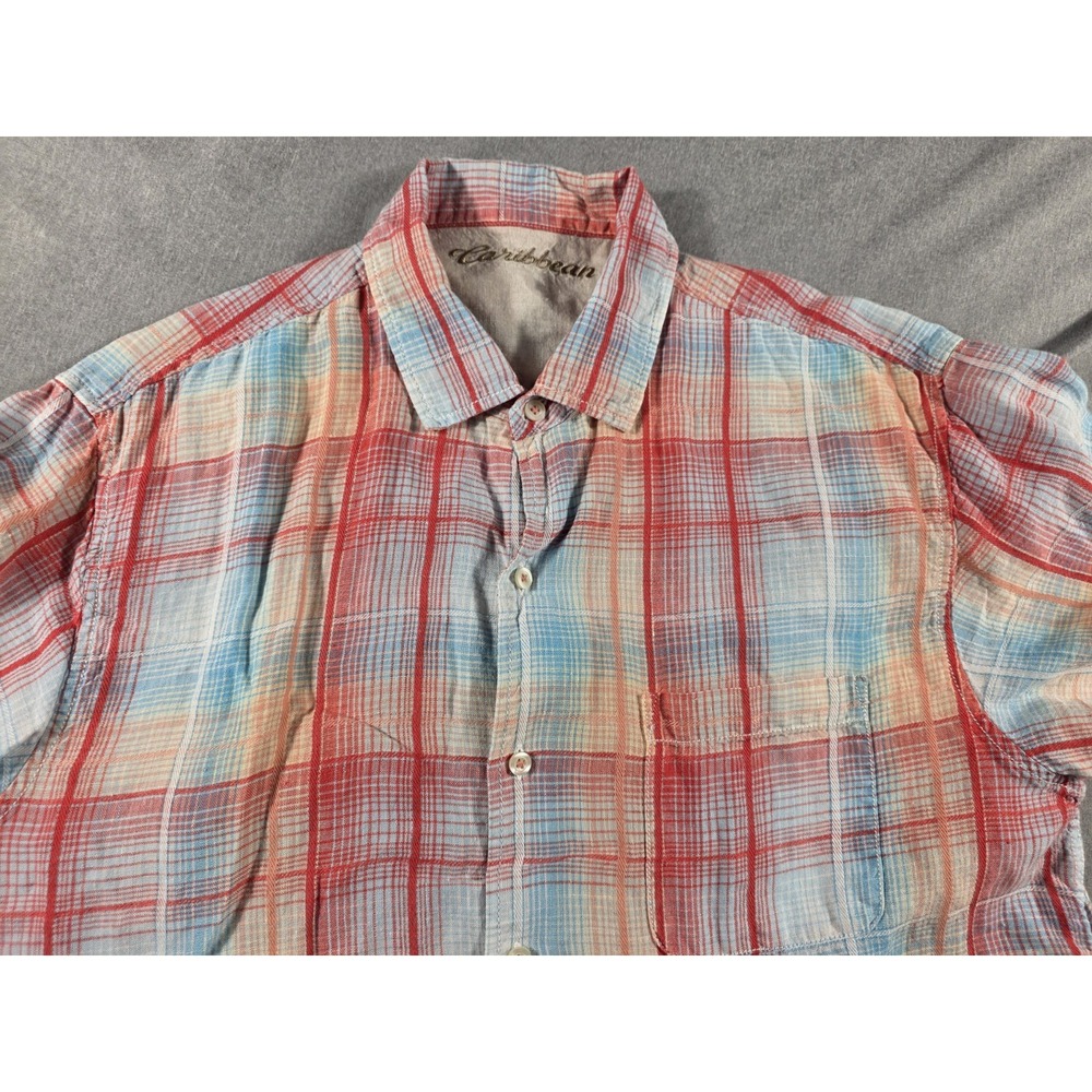Caribbean Mens Large Linen Blend Short‎ Sleeve Shirt Plaid Multicolor Button Up